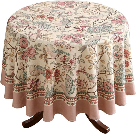 patdrea Vintage French Linen Tablecloth,Round,Diameter 55"-Kulom A | Elegant Table Cloth for Round Table,Leaves and Bird Patterned,Dining Room Tea Party Thanksgiving Decor,Pink