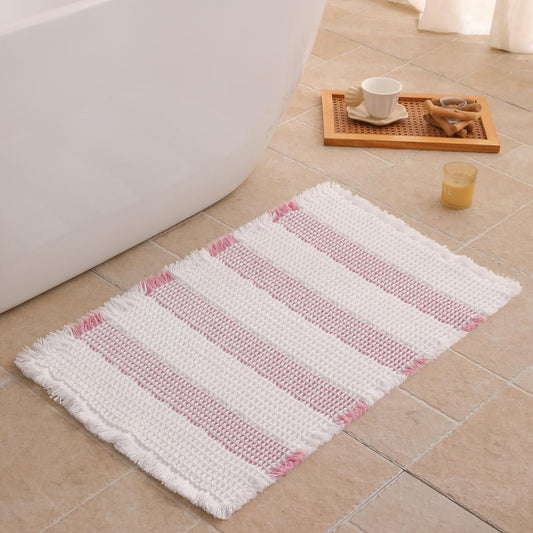 Waffle Bath Mat Non Slip, Boho Bathroom Rug, Super Absorbent Quick Dry Bathroom Mat, Soft Farmhouse Bath Rug with Tassels, Small Washable Shower Mats for Floor 20"x32", White and Pink