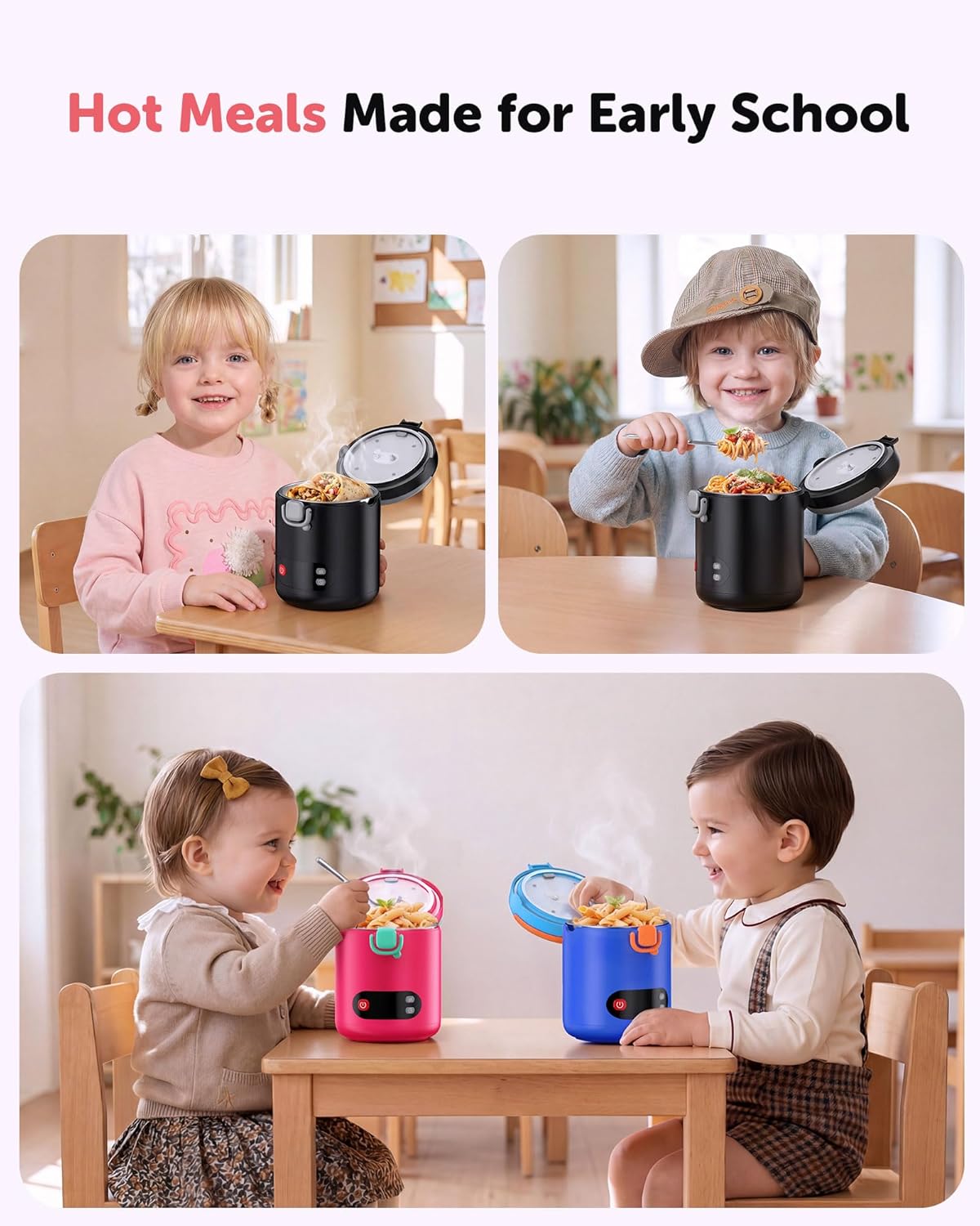 EAST OAK Heated Lunch Box for Kids, 13oz Cordless Electric Lunch Box with Temp Settings & Timer, Portable Food Warmer, 304 Insulated Food Container & Jar, BPA-Free for Early School(Pink)