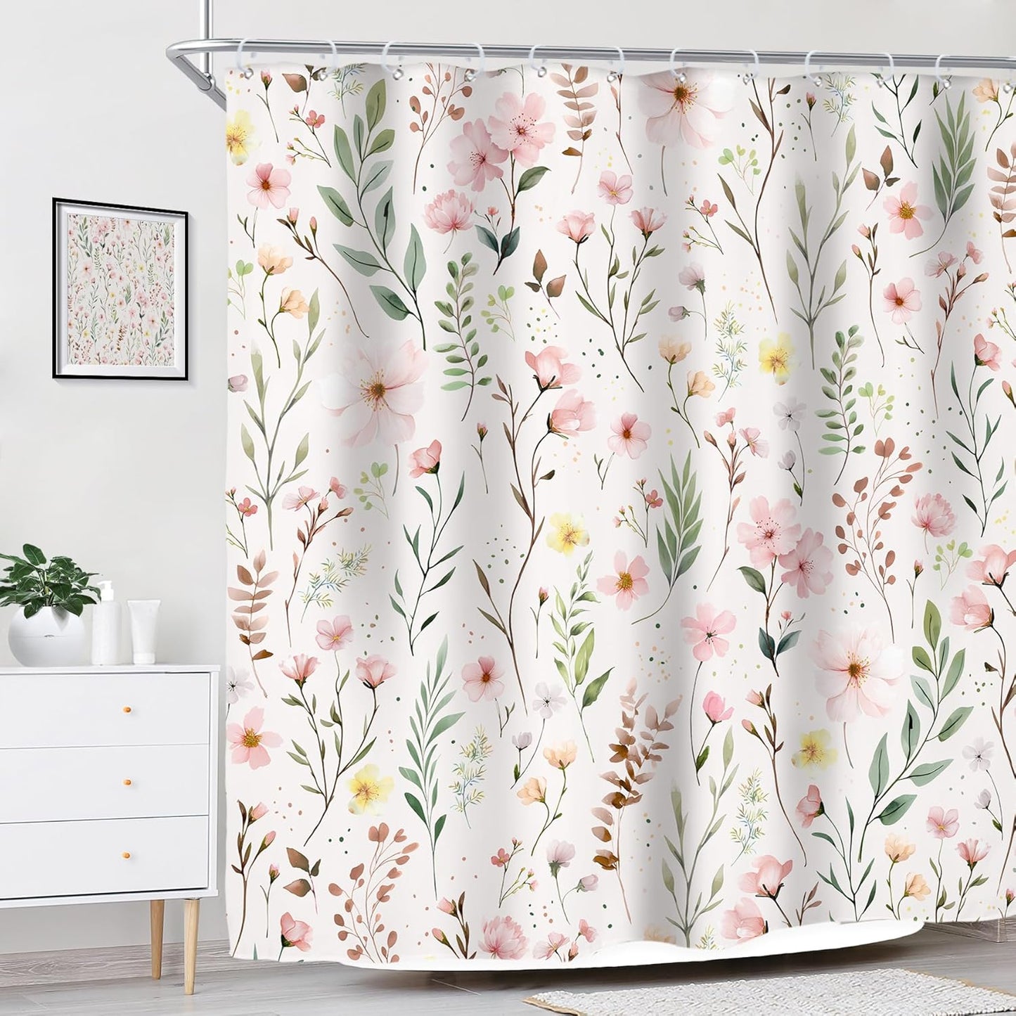 Riyidecor Pink Floral Flower Shower Curtain for Bathroom Decor 72Wx72H Light Pink Green Farmhouse Leaves Plants Botanical Boho Countryside Art Printed Fabric Polyester Waterproof 12 Pack Plastic Hooks