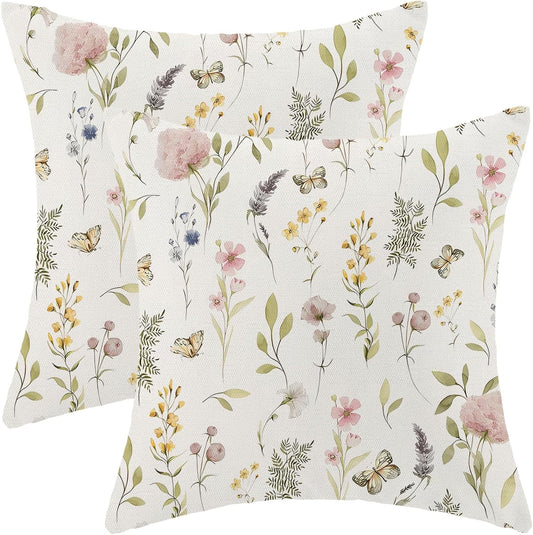 Spring Pillow Covers 18x18 Inch Set of 2, Sage Green Pink Wild Flower Throw Pillows Case,Colorful Seasonal Floral Plant Outdoor Decorative Farmhouse Decor Cushion Covers for Home Sofa Bed Couch