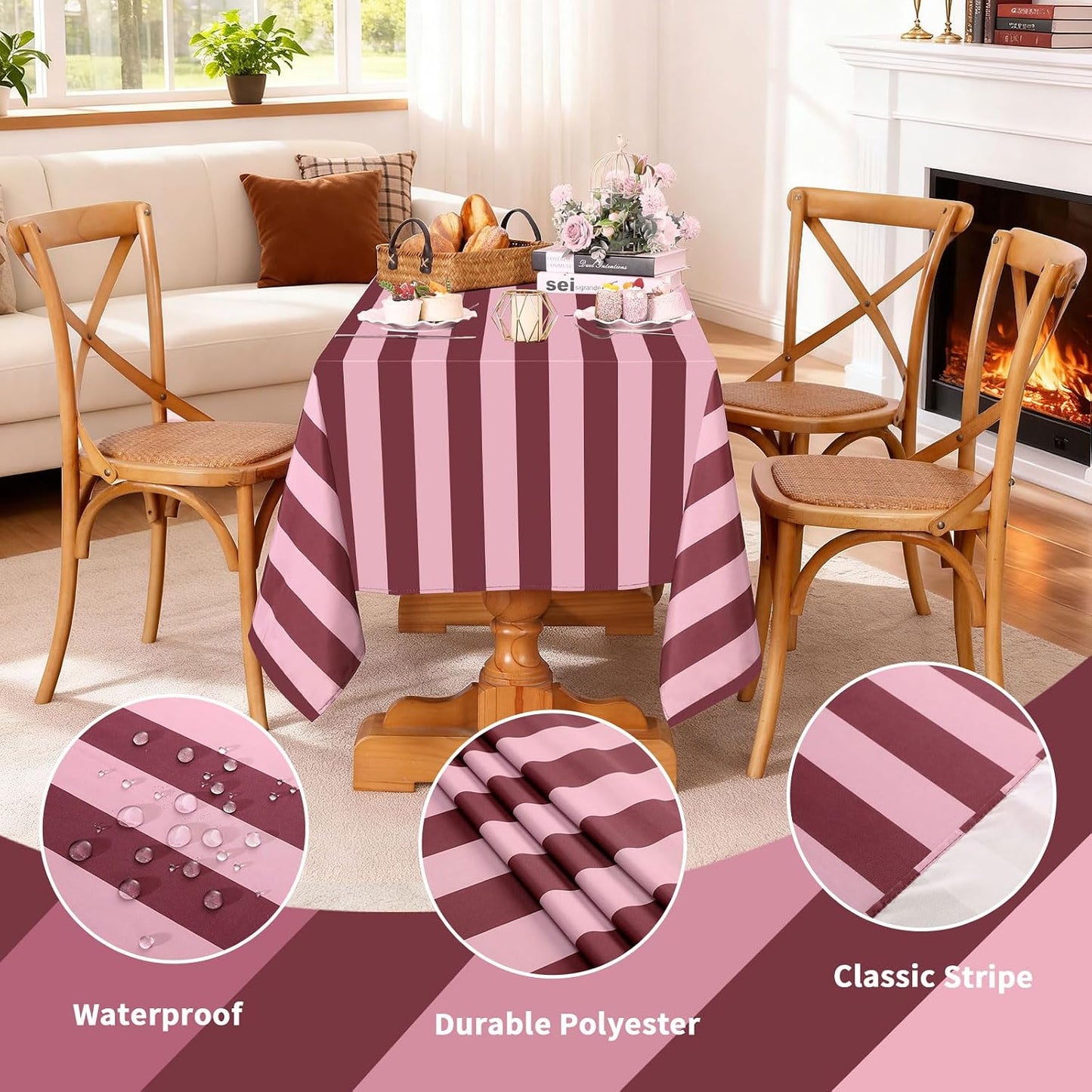 Fanqisi Table Cloth Red and Pink Striped Tablecloth - 57 x 84 Inch Romantic Waterproof Tablecloths Rectangle Polyester Table Covers for Birthday Wedding Ceremony Banquet Picnic Party Decorations