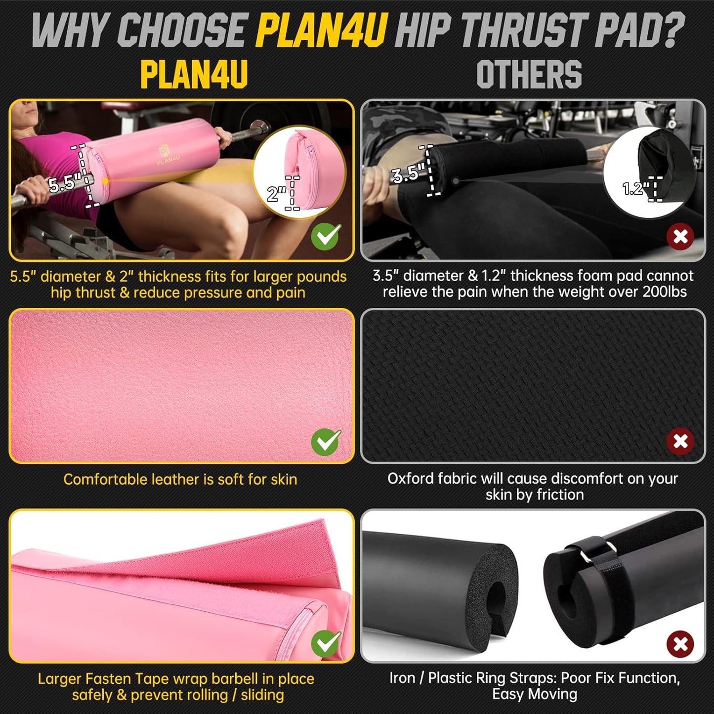 Plan4U Barbell Pad for Bench Press Hip Thrust Weightlifting | Black/Pink, 2 inches Non-Slip Thickness Leather, Squat Foam Pad, Standard Olympic Bars, Powerlifting Bench Workout