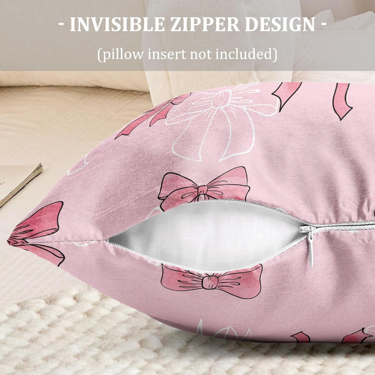 Pink Bow Throw Pillow Cover Case 18x18 Set of 2 Preppy Cute Aesthetic Art Decor Decorative Pillowcover Zipper Couch Women Girl Farmhouse Bedroom Square Sofa Cushion Living Room Bed Classroom