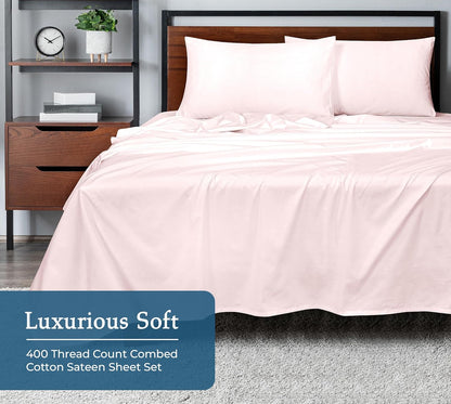 ROYALE LINENS 400 Thread Count 100% American Grown Cotton 4 Piece Sateen King Sheet Set - 1 Fitted Sheet, 1 Flat Sheet, 2 Pillow case - Pink King Bedsheet - Cotton Sheets - (King, Kyoto Blush)