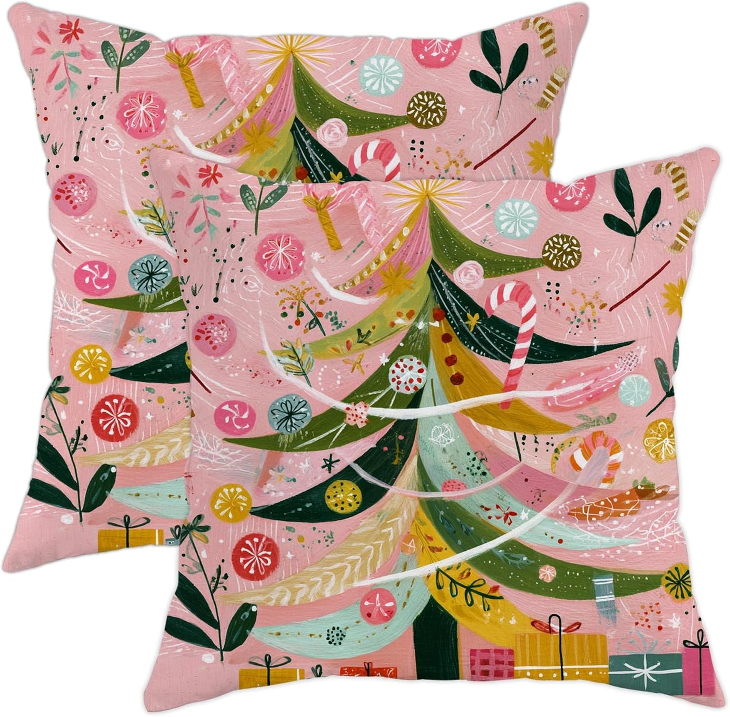 Christmas Tree Throw Pillow Covers, Festive Fanciful Candy Cane Xmas Ornaments Peach Soft Velvet Washable Pattern Pillow Covers for Home Living Room Bedroom Dorm Couch Decor 12x12 Inch