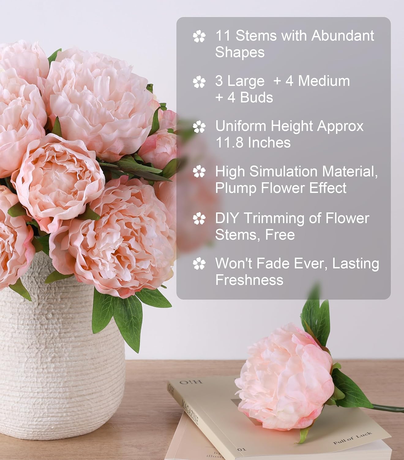 florisso Light Pink Peony Artificial Flowers - 11 Branches Silk Peonies for Vase Arrangements, Wedding Decor & Living Room Accents (Faux Flowers)