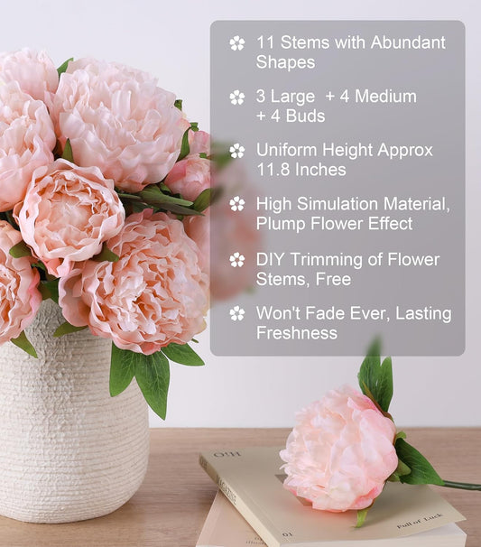 florisso Light Pink Peony Artificial Flowers - 11 Branches Silk Peonies for Vase Arrangements, Wedding Decor & Living Room Accents (Faux Flowers)