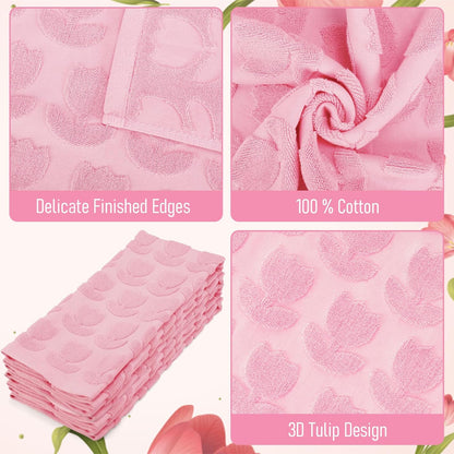 AnyDesign 2Pcs Tulip Hand Towels Jacquard Cotton Bath Towel Spring Pink Floral Flower 3D Decorative Kitchen Dish Towel for Summer Home Bathroom Kitchen Decor Gift Set, 29.5 x 13.8 Inch