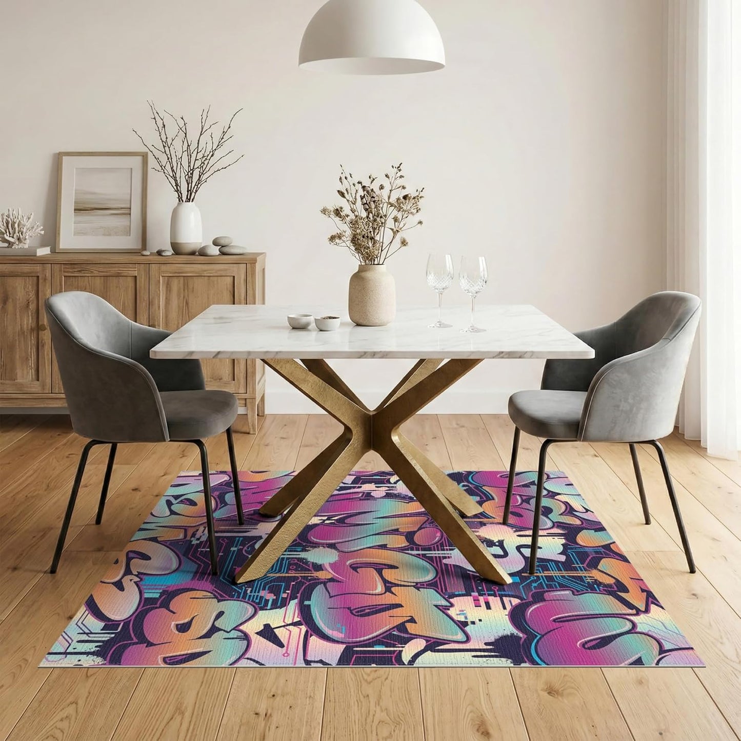 5'x7' Washable Modern Abstract Area Rug, Pink Flatwoven Floor Covering Non-Slip Chair-Friendly Carpet for Dining Room, Under Table, Home Office | Ref:2090285