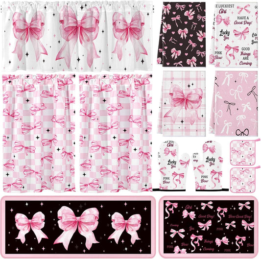 Fourluoo 13 Pcs Bow Kitchen Decor Set Black and Pink Kitchen Towels Nonslip Rugs and Mats Pink Curtains Watercolor Aesthetic Valance Pot Holders Oven Mitts for Home Cooking Grilling Baking Gift