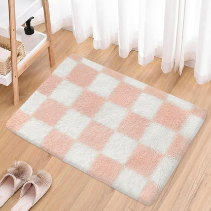 Soft Small Area Rug 2x3 for Bedroom Pink Checkered Rug Plush Shag Carpet for Kids Room Shaggy Throw Rugs Non Silp Indoor Entrance Door Mat for Living Room Dorm Nursery