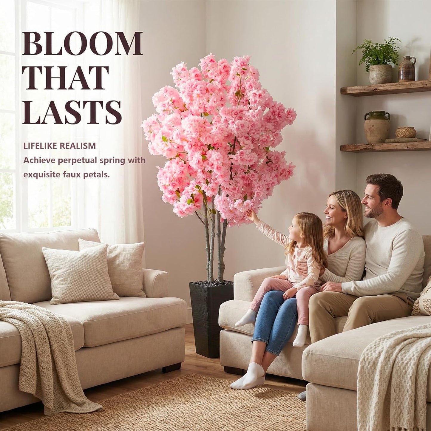 Artificial Cherry Blossom Tree, 5FT Fake Plants Indoor with Black Planter, Faux Pink Sakura Flowers Blooming Tree in Pot, Artificial Trees Silk Plant for House Room Office Entryway Porch Decor