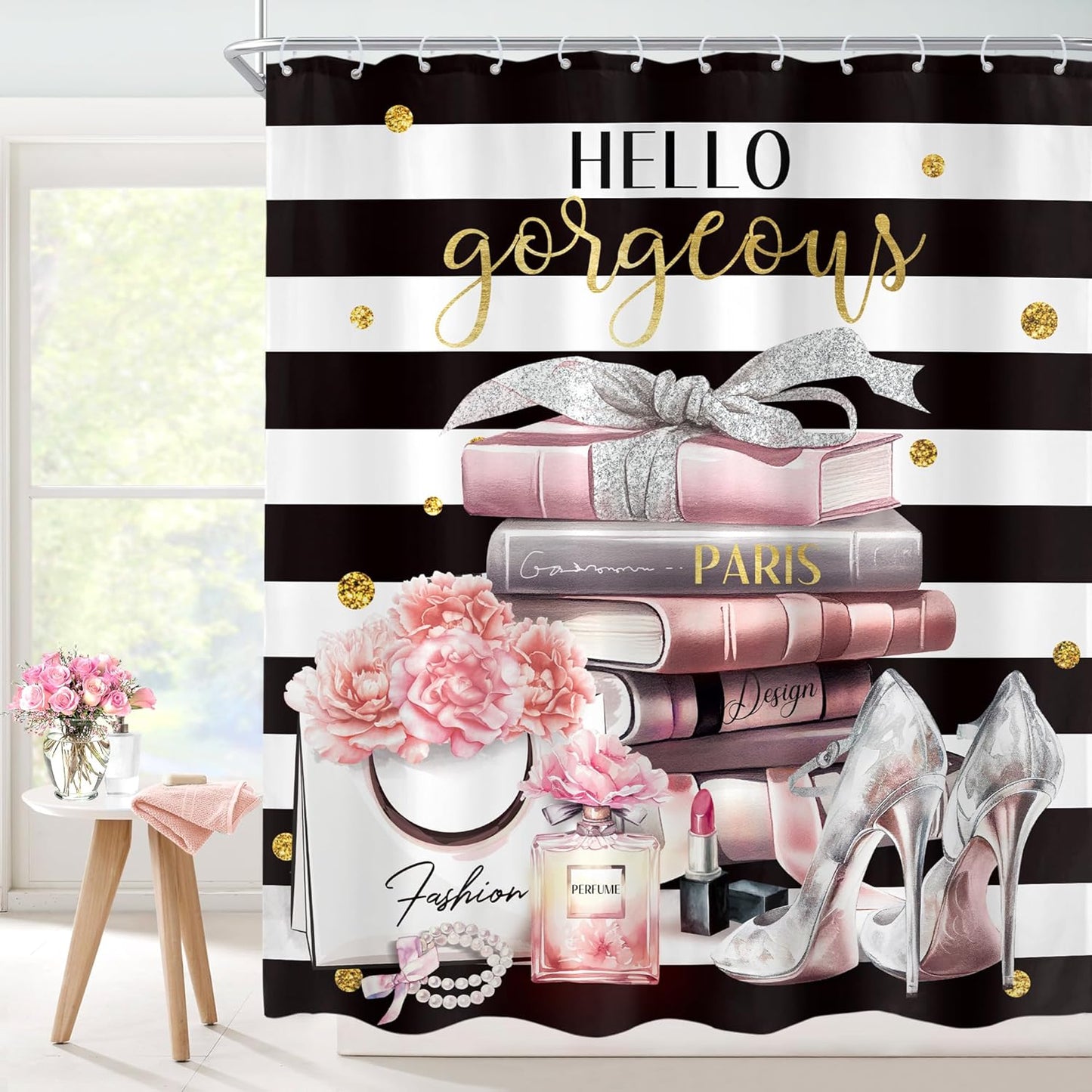 Black and Pink Shower Curtain 60Wx72H Fashion Black White Girly Shower Curtain for Girl Women Modern Flower Floral Perfume Striped High Heels Magazine Books Fabric Bathroom Decor with 12 Hooks