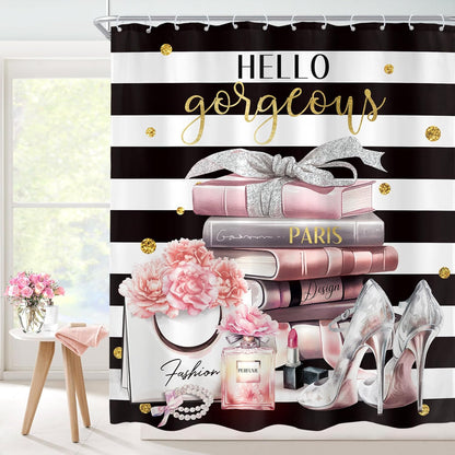 Black and Pink Shower Curtain 60Wx72H Fashion Black White Girly Shower Curtain for Girl Women Modern Flower Floral Perfume Striped High Heels Magazine Books Fabric Bathroom Decor with 12 Hooks