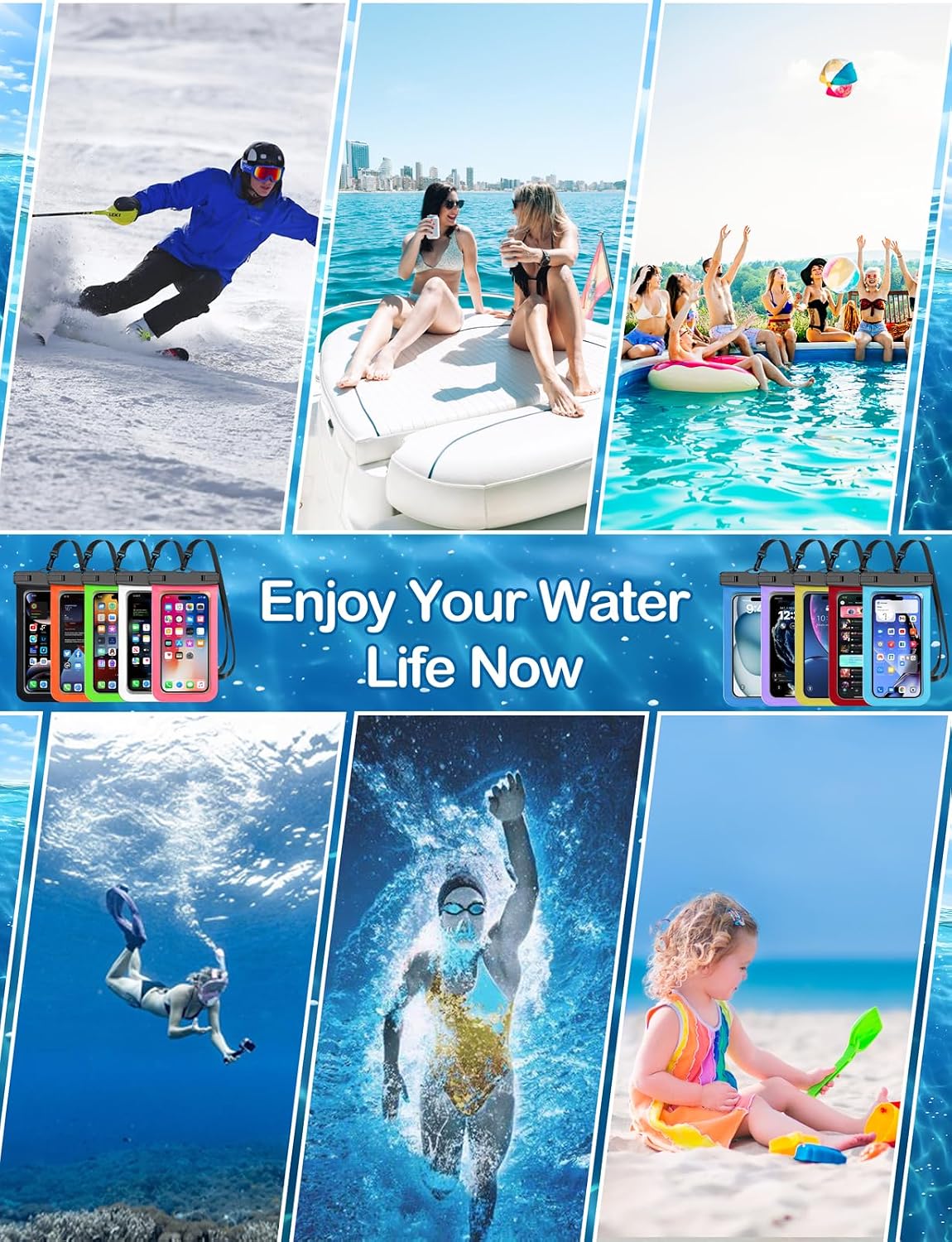 Famoby 3 Pack Multicolor Waterproof Phone Pouch, Cell Phone Waterproof Case Dry Bag,Protection Level: IP68,Beach Cruise for iPhone,Samsung,and More,Lanyard Included,(Fits Up to 8.3"),Black,Blue,Pink
