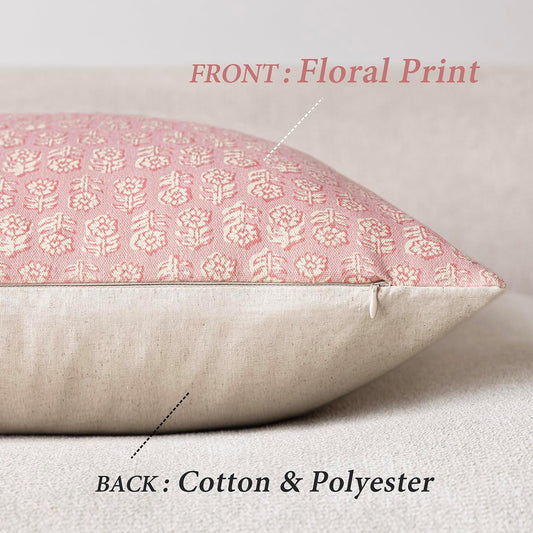 Foindtower Set of 2 Decorative Neutral Floral Print Throw Pillow Covers Vintage Accent Farmhouse Cushion Covers Boho Home Decor for Sofa Chair Couch Bedroom Living Room Outdoor,18×18 Inch,Light Pink