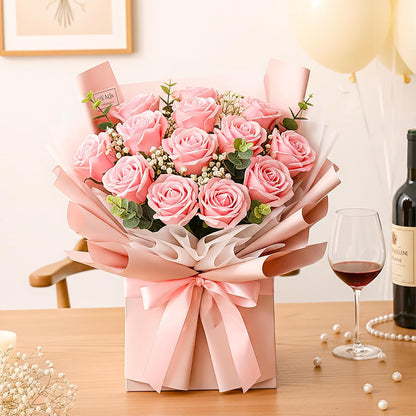 Auihiay 14PCS Pink Fake Roses, Artificial Roses Flowers with Long Stems for Mother's Day, Valentine's Day, Wedding Bouquet, Baby Shower, Birthday, Home & Party Decor