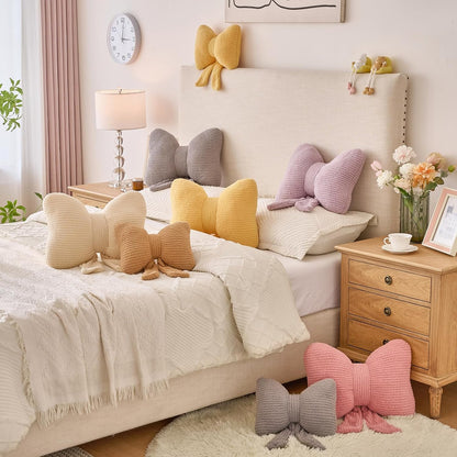 Bow Pillow, Decorative Throw Pillows with Soft Plush, Bow Throw Pillow for Couch Bed, Home Decor Bow Shaped Pillow for Bedroom Living Room (Grey Pink, 16 Inches)
