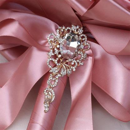 Handmade Rhinestone Bridal Bouquet for Wedding Round Tossing Bouquet Artificial Flower Bunch for Bride Bridesmaid (Champagne+Peach Pink, Small (Dia. 7.5"/18cm))
