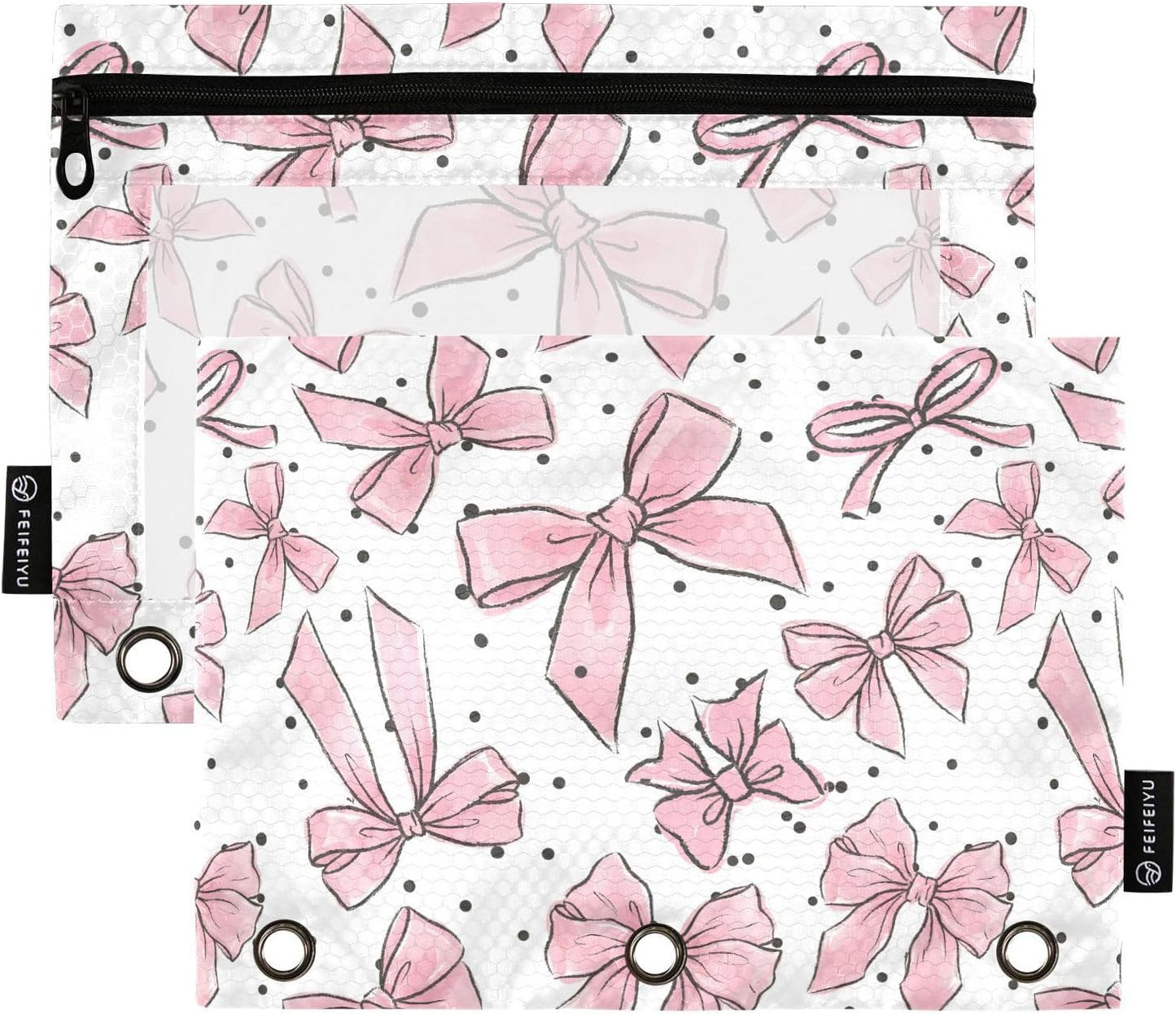 Cute Bows Pink Pencil Pouch for 3 Ring Binder, 2 Pack Waterproof Pencil Bags Clear Window Zipper School Office Supplies