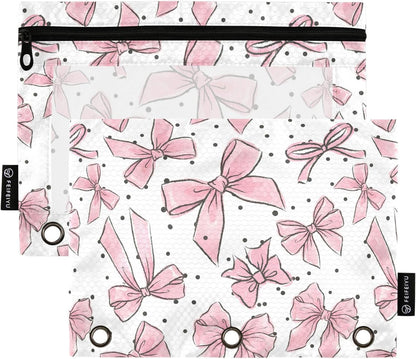 Cute Bows Pink Pencil Pouch for 3 Ring Binder, 2 Pack Waterproof Pencil Bags Clear Window Zipper School Office Supplies