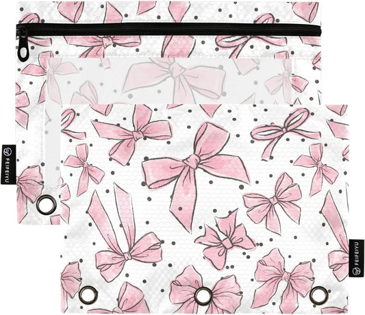 Cute Bows Pink Pencil Pouch for 3 Ring Binder, 2 Pack Waterproof Pencil Bags Clear Window Zipper School Office Supplies