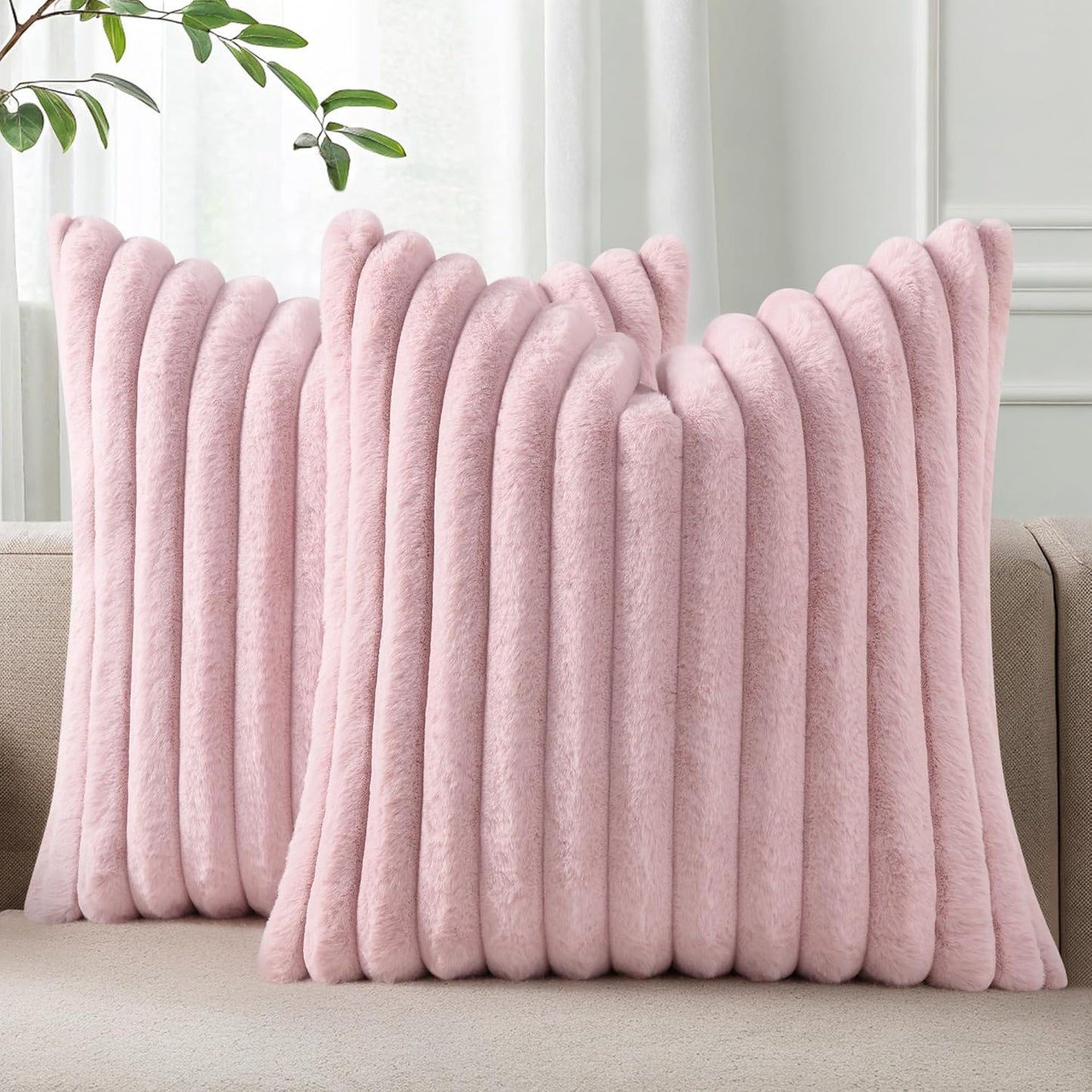 Pallene Faux Fur Plush Throw Pillow Covers 18x18 Set of 2, Luxury Soft Fluffy Striped Decorative Pillow Covers for Sofa, Couch, Living Room, Blush Pink