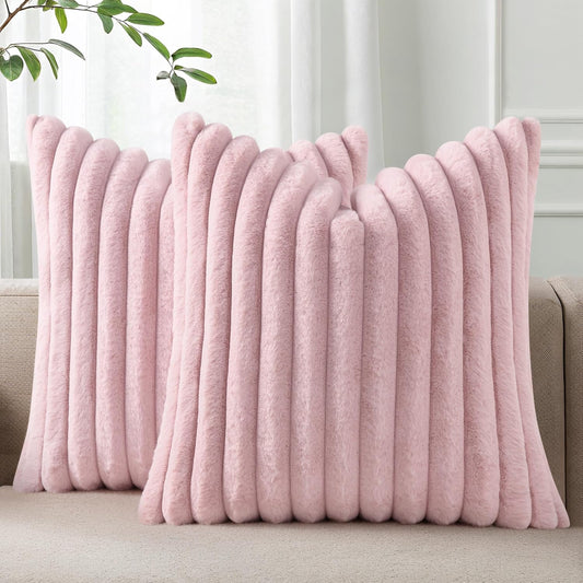 Pallene Faux Fur Plush Throw Pillow Covers 16x16 Set of 2, Luxury Soft Fluffy Striped Decorative Pillow Covers for Sofa, Couch, Living Room, Blush Pink