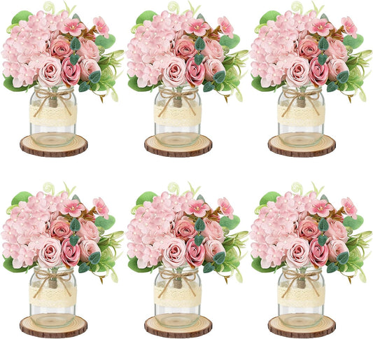 Set 6 Mason Jar Table Centerpiece - Wedding Centerpieces for Tables, Mason Jar Flower Centerpiece Vases Decor- Boho Farmhouse Rustic for Engagement, Bridal Shower, Wedding, Versatile Decor (Pink)