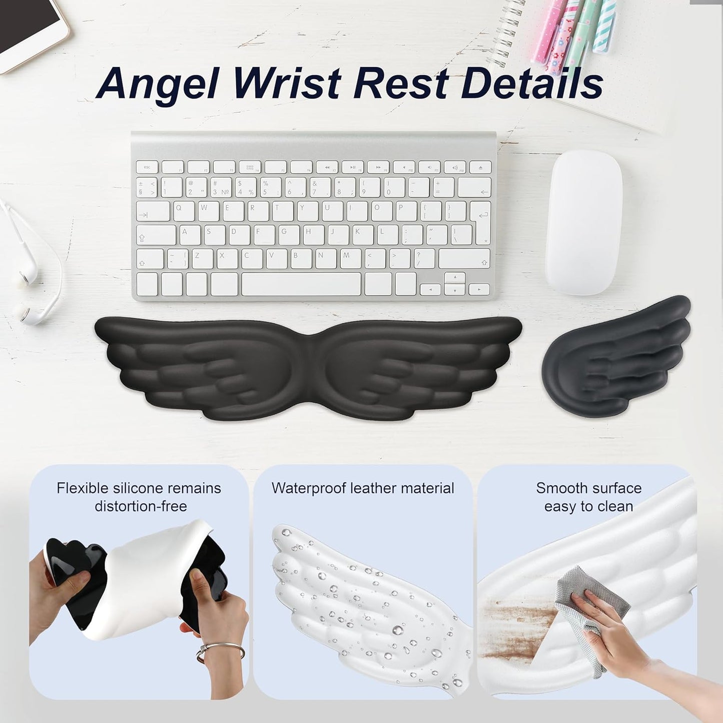 Angel Wing Wrist Rest,Cute Wrist Rest for Keyboard and Mouse,Hand Rests Set Include Ergonomic Keyboard & Mouse Hand Rest and Coaster,Filled Resilient Memory Foam,for Work,Study,Gaming (Pink)