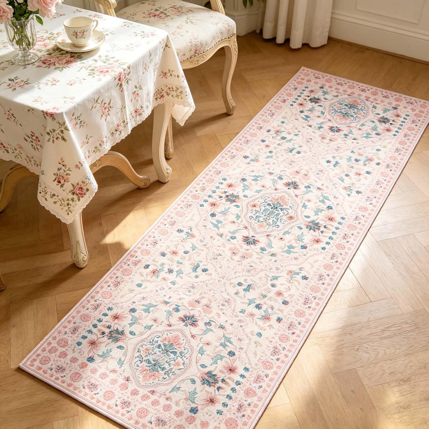LIVEBOX Washable Runner Rug 2x6, Pink Floral Bedroom Runner with Non Slip Backing, Boho Soft Accent Rug for Hallway, Closet, Small Apartment