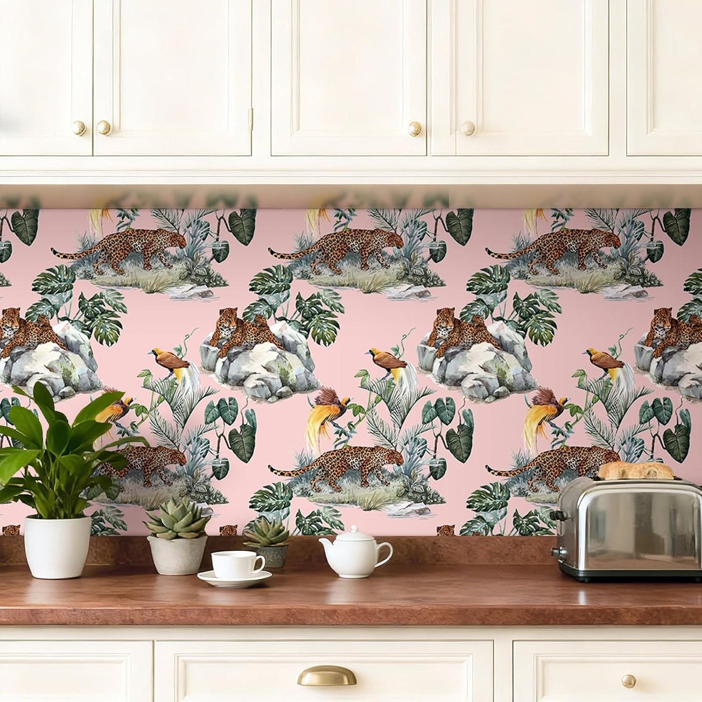 Pink Leopard Wallpaper Peel and Stick Funky Blush Pink Cheetah Jungle Wallpaper Green Tropical Botanical Palm Leaf Brown Whimsical Animals & Birds Removable Contact Paper Adhesive 17.5x80