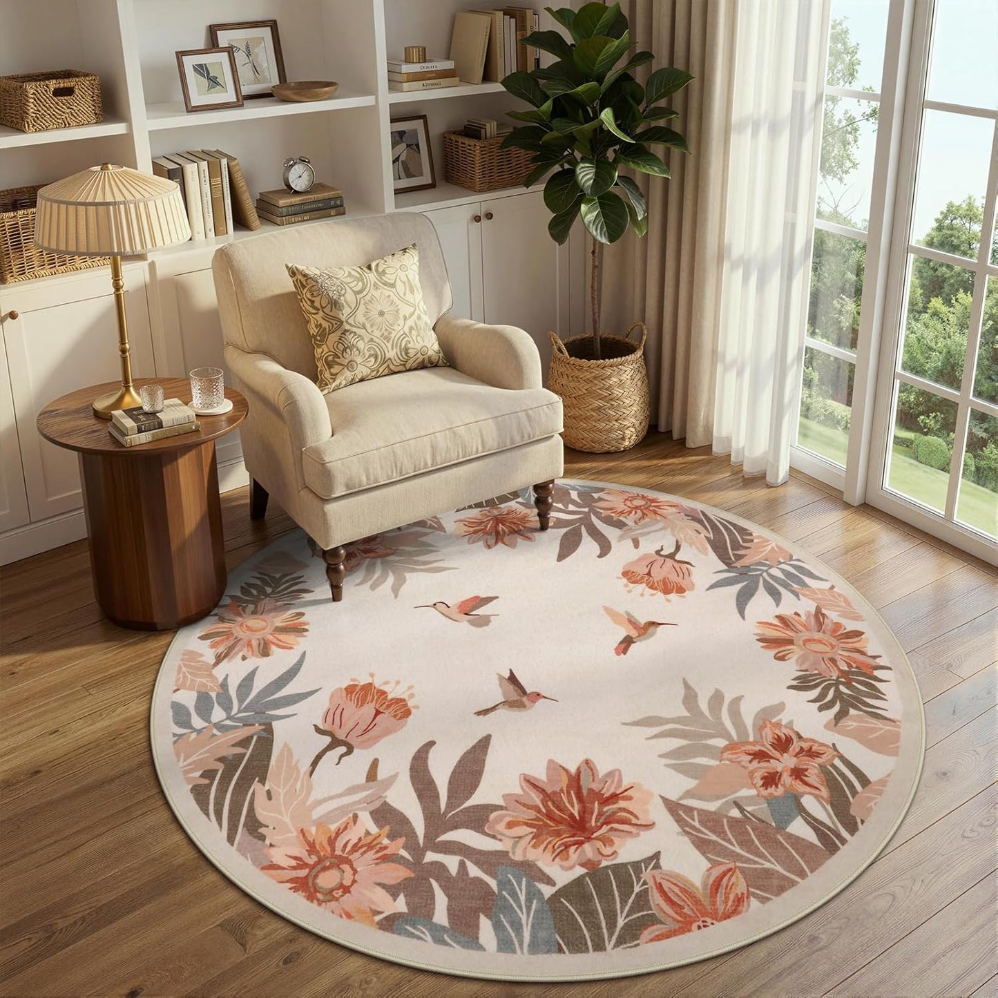 Beeiva Floral Round Rug 4ft for Entryway - Washable Circular Pink Boho Rug for Bedroom, Non Slip Small Rugs Circle Carpet for Dining Room Kitchen Table Flower Print Décor(Beige,Round 4')