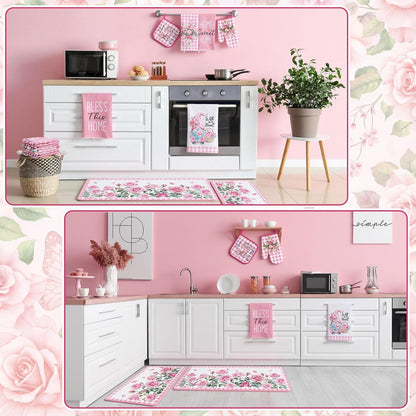 Fourluoo 10 Pcs Pink Rose Kitchen Decor Set Towels and Rugs Oven Mitts and Pot Holders Farmhouse Spring Kitchen Decor Set for Women Mom Gift Cooking Baking Grilling