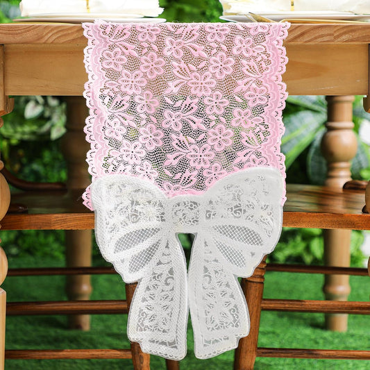 Pink Lace Table Runner with Big Bow Ends 12 x 71 Inch Vintage Rectangle Macrame Embroidered Runner French Style Tablecloth for Wedding Kitchen Dining Table Home Decor