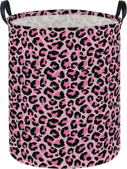 ESSME Laundry Basket,Pink Hamper Collapsible Canvas Waterproof Storage Bin for Girls, Leopard Print Hamper,Gift Baskets(Pink leopard print)