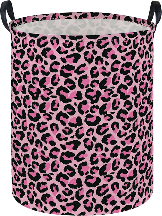 ESSME Laundry Basket,Pink Hamper Collapsible Canvas Waterproof Storage Bin for Girls, Leopard Print Hamper,Gift Baskets(Pink leopard print)