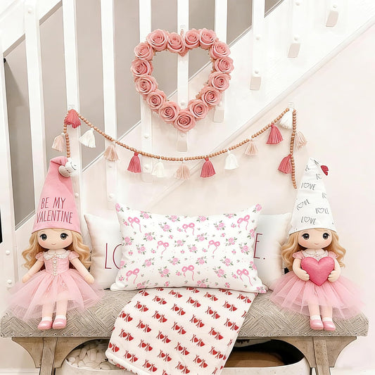Coquette Pink Bow Floral Pillow Covers 12x20, Trendy Light Pink Rose Flower Valentine's Day Cottagecore Lumbar Pillow Covers for Home Bedroom Living Room