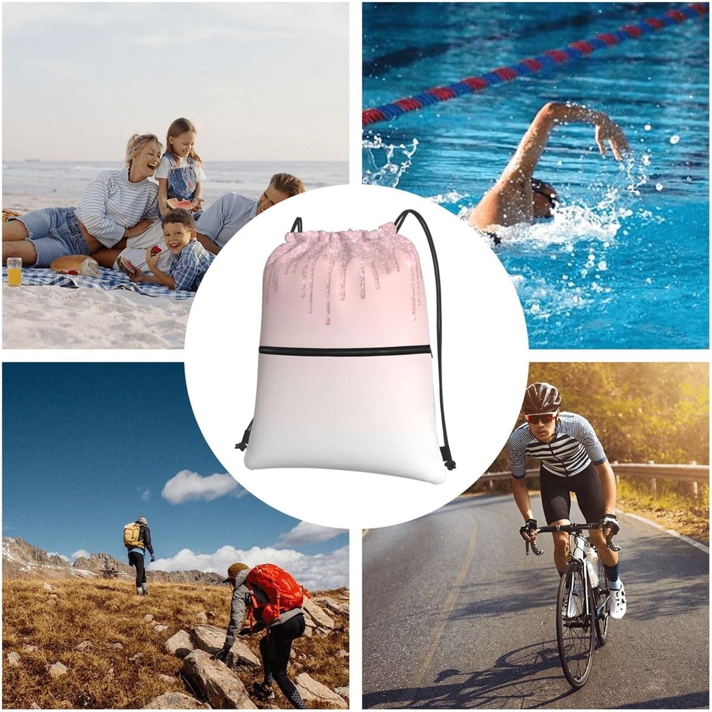 Pink Glitter Drip Drawstring Backpack, Gym Swim Bag Cinch Bag For Women Men With Zipper Pocket