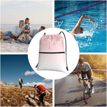 Pink Glitter Drip Drawstring Backpack, Gym Swim Bag Cinch Bag For Women Men With Zipper Pocket