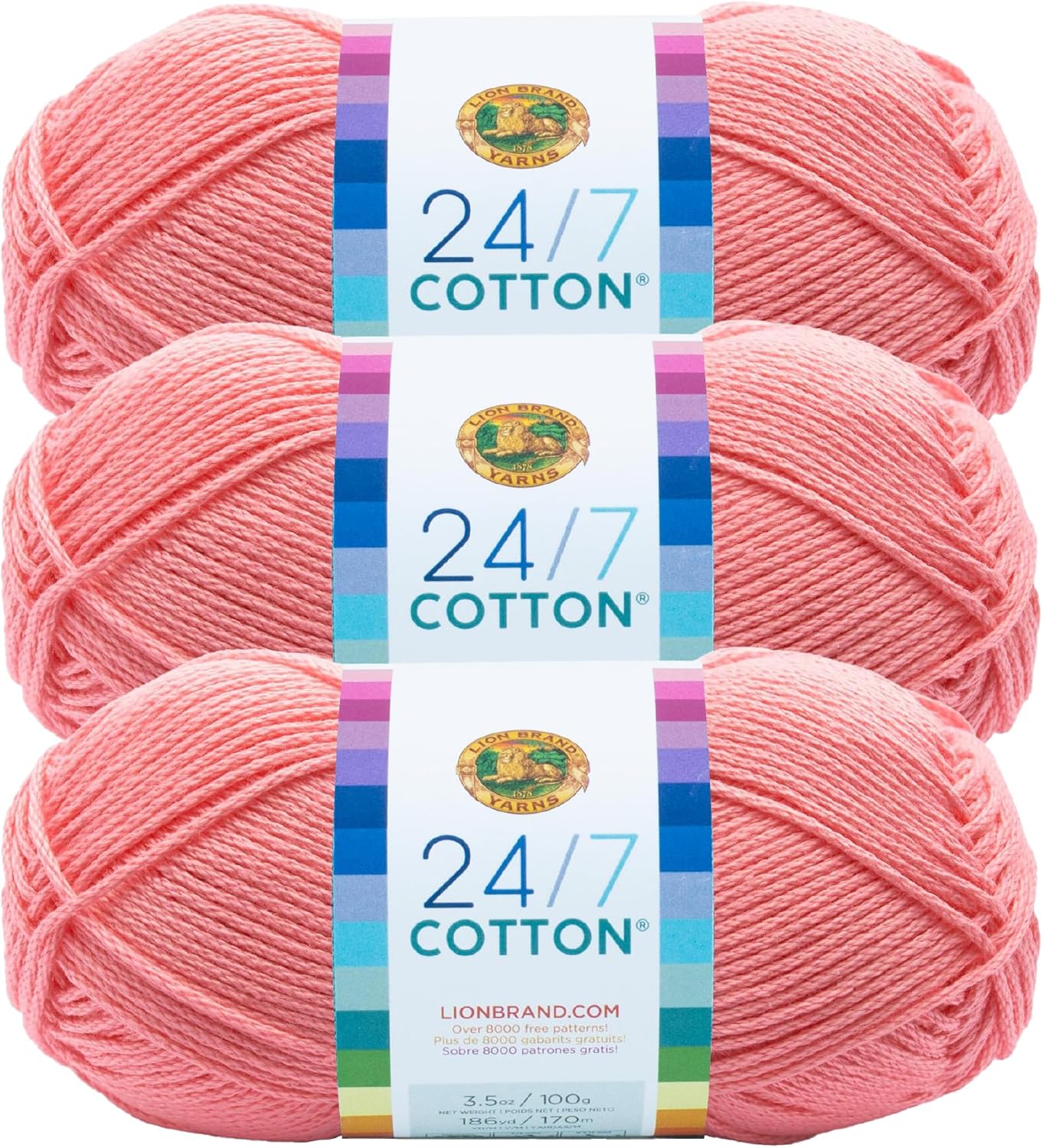 Lion Brand Yarn, 24/7 Cotton Yarn, Pink, 3 Pack | Light Worsted 100% Mercerized Cotton Yarn for Crochet, Knitting, Craft, 185 Yards of Natural Fiber for Tees, Bags, Dishcloths