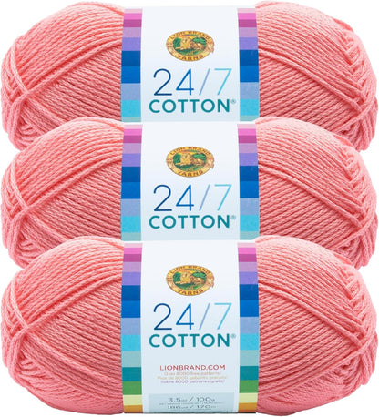 Lion Brand Yarn, 24/7 Cotton Yarn, Pink, 3 Pack | Light Worsted 100% Mercerized Cotton Yarn for Crochet, Knitting, Craft, 185 Yards of Natural Fiber for Tees, Bags, Dishcloths