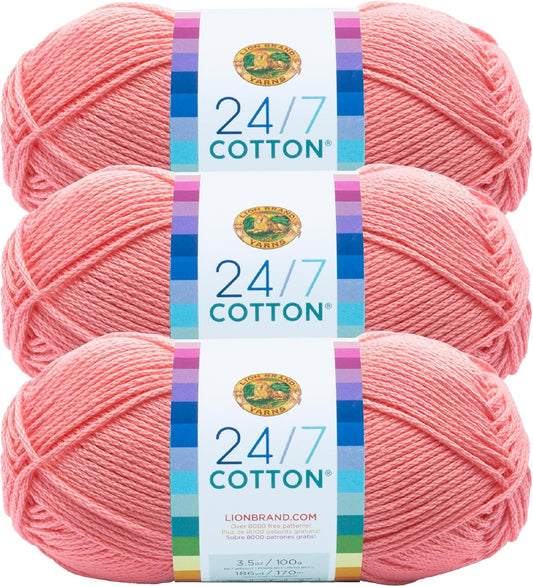Lion Brand Yarn, 24/7 Cotton Yarn, Pink, 3 Pack | Light Worsted 100% Mercerized Cotton Yarn for Crochet, Knitting, Craft, 185 Yards of Natural Fiber for Tees, Bags, Dishcloths