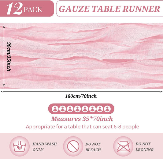 12 Pack Cheesecloth Table Runner 35 x 70 inch Long Boho Cheese Cloth Gauze Table Runners Semi Sheer Table Runner for Wedding Decor, Bridal Shower, Birthday Party (Light Pink)