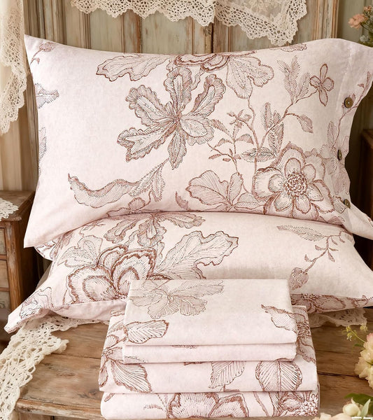 Zusbest King Size Sheets Pink Floral Sheet Set 400TC 100% Cotton Flannel-Like Warm Luxury Bed Sheet Set 4Pcs, Button Closure Double Brushed Extra Soft Breathable Toile Printed Deep Pocket 17‘’