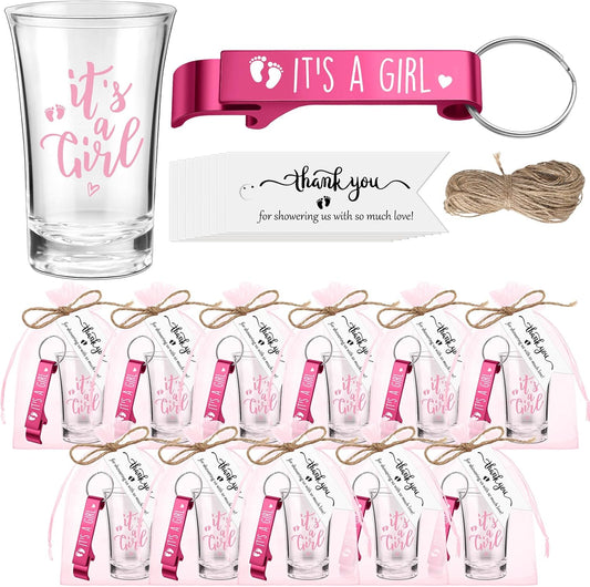Blushtier 25 Sets Baby Shower Party Favor Shot Glasses Cute Bottle Opener Keychains Thank You Tags and Bags Baby Shower Favors Gender Reveal Party Guests Return Gift(Girl)