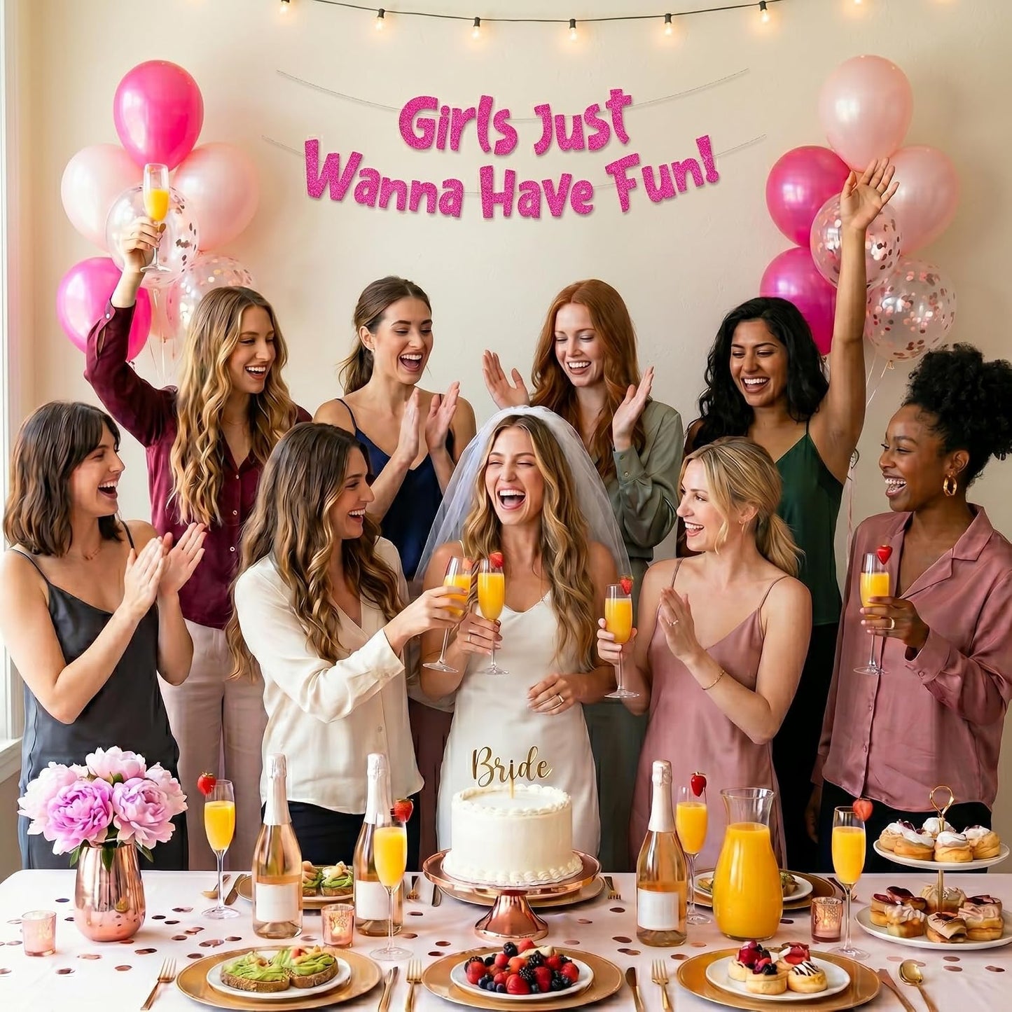 Pre-Strung Girls Just Wanna Have Fun Neon Pink Glitter Banner - Bachelorette Party Decorations for Her - Party Supplies, Favors and Gifts