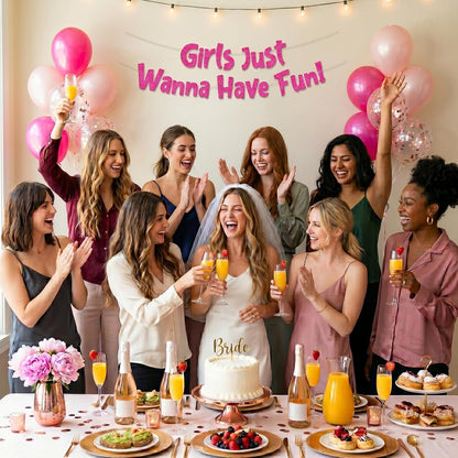 Pre-Strung Girls Just Wanna Have Fun Neon Pink Glitter Banner - Bachelorette Party Decorations for Her - Party Supplies, Favors and Gifts