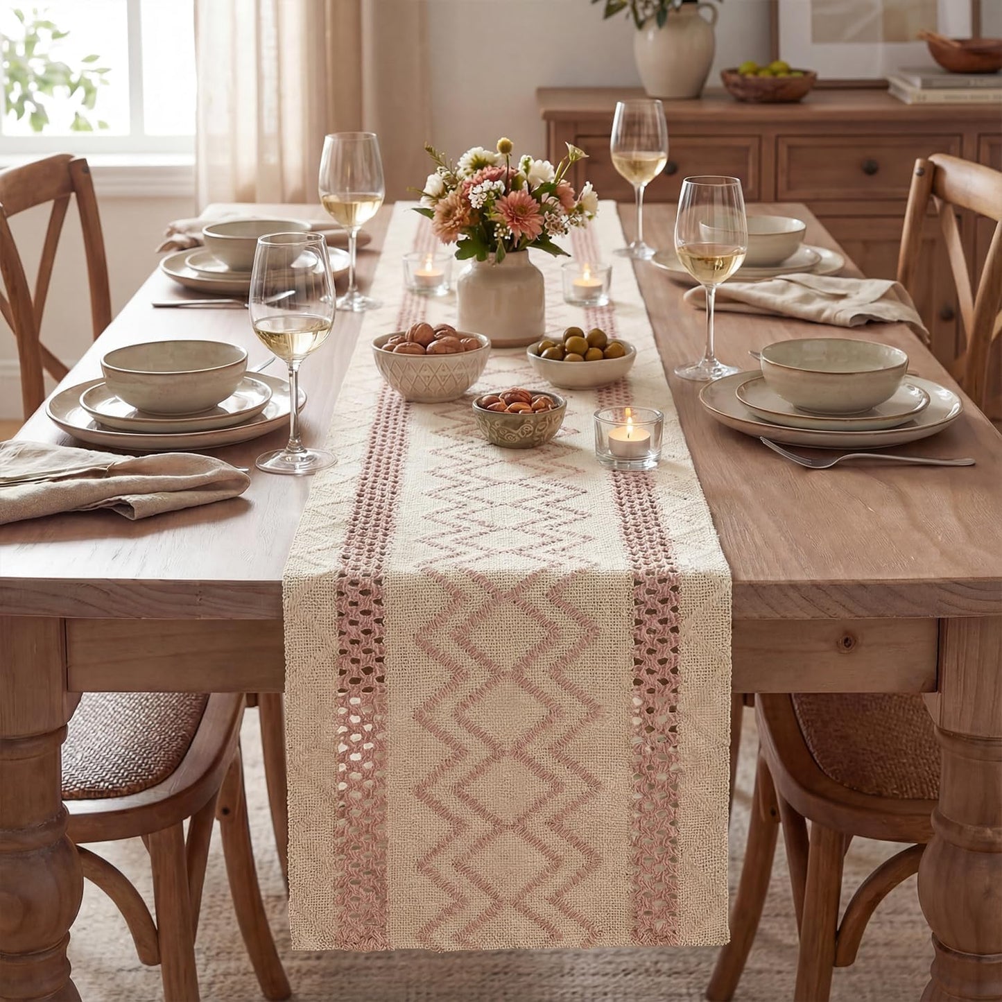 Artoid Mode Pink Stripe Diamond Pattern Woven Table Runner, Seasonal Holiday Hollow Kitchen Dining Table Decoration for Home Party Decor 12x72 Inch